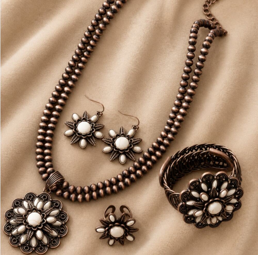 Boho Necklace Bracelet Earrings Ring Set Retro Look Layered Sunflower